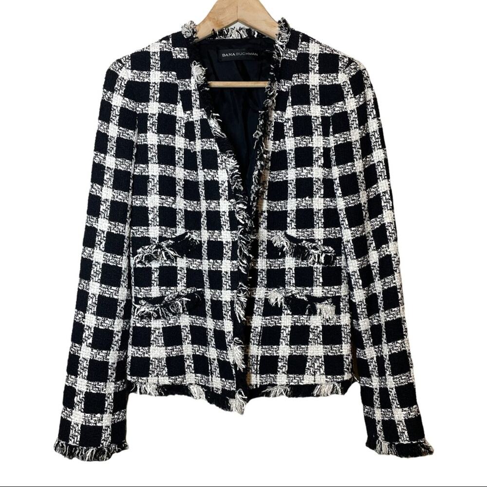 Dana Buchman Check Fringe Tweed Blazer Black White 6 Old Money